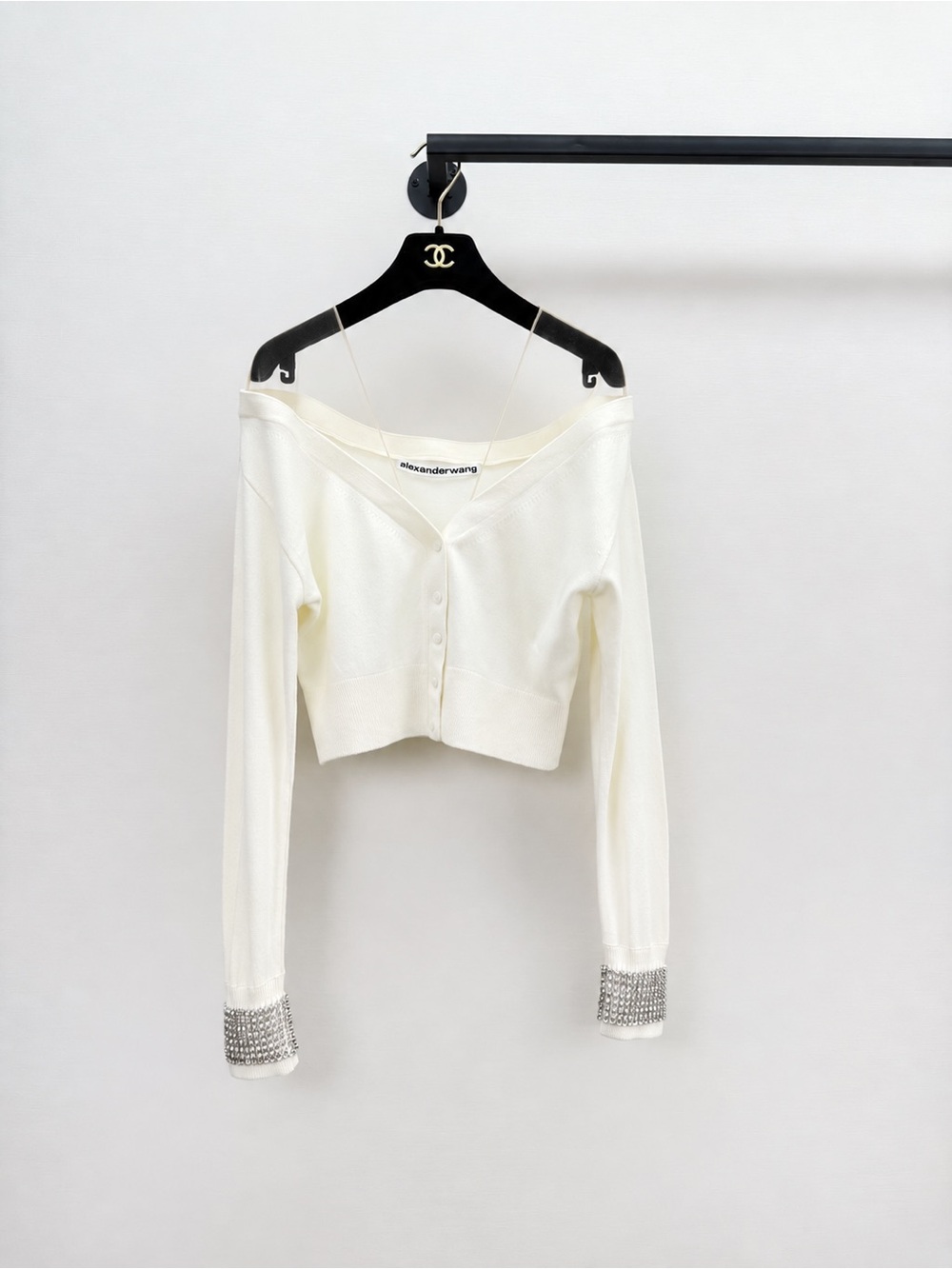 Alexander Wang Cream Off-Shoulder Cropped Cardigan with Crystal Cuff Detail